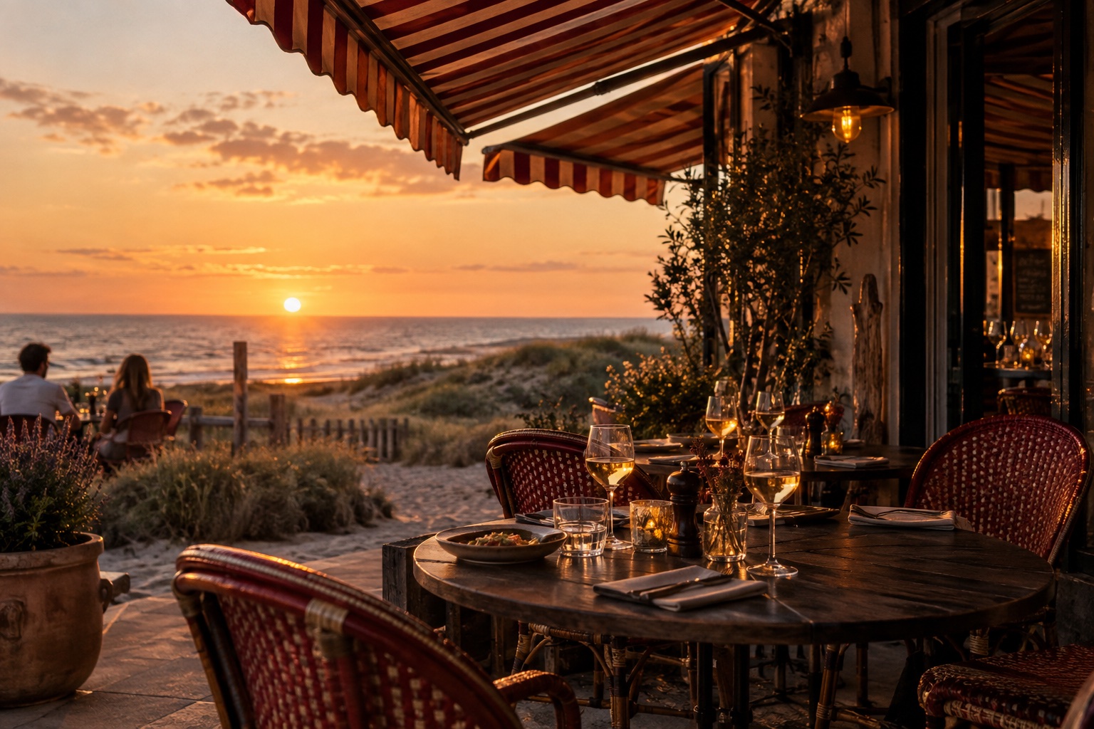 Een gedekte bistrotafel met wijn en uitzicht over de duinen bij zonsondergang