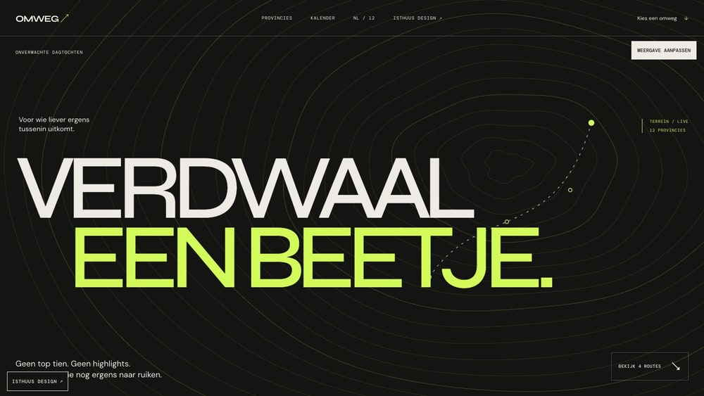 OMWEG op desktop: Verdwaal een beetje, met hoogtelijnen en een felgroene titel